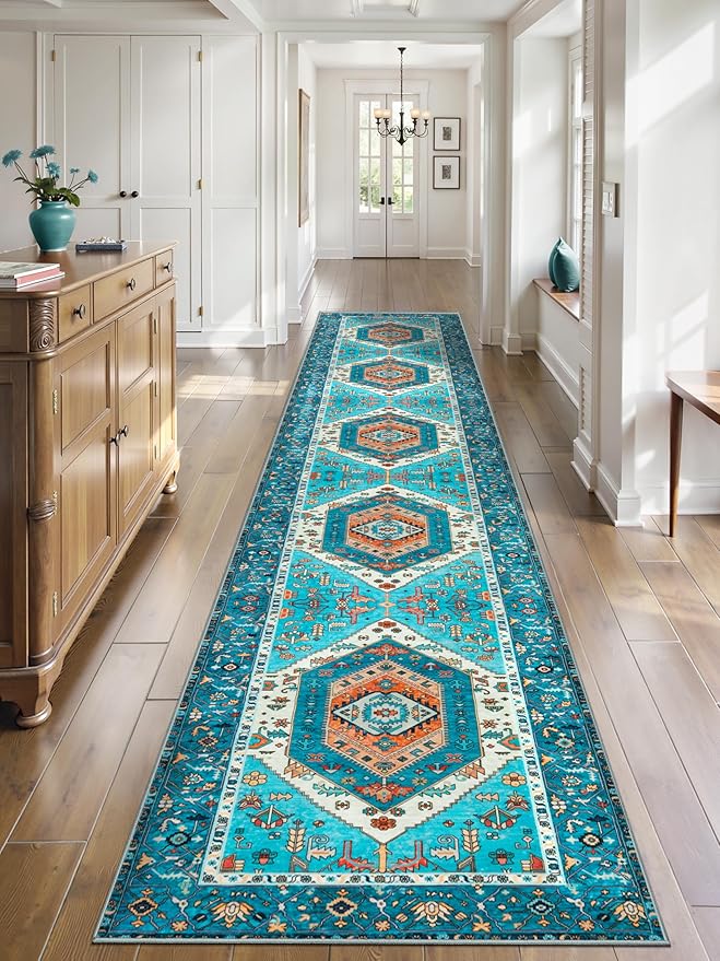 SERISSA Runner Rug for Hallways, 2'6"x14' Washable Non Slip Kitchen Runner Rug, Extra Long Boho Rug Ultra Soft Vintage Blue Print Floor Carpet for Bedroom Hallway Entryway Bathroom Laundry Room