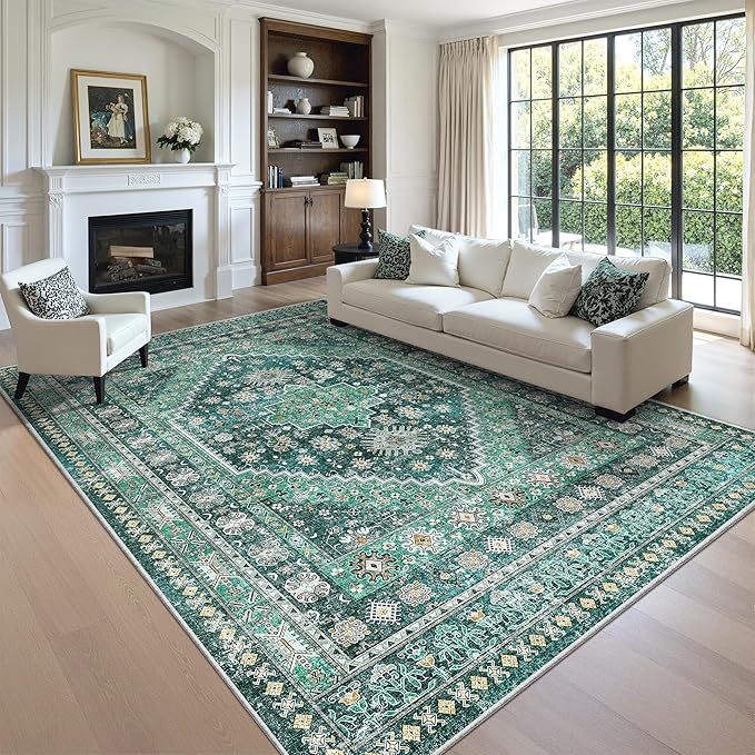zesthome 8x10 Area Rugs for Living Room,Non-Slip Backing Washable Rugs,Vintage Large Area Rug，Stain Resistant Home Decor Rug(Green/Teal,8'x10')