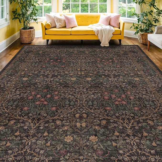 Washable Area Rugs 9x12 Living Room - Dark Brown Large Rug for Dining Room Under Table, Bedroom, Soft Low Pile Non-Slip Stain Resistant Carpet - Vintage Floral Plant Design