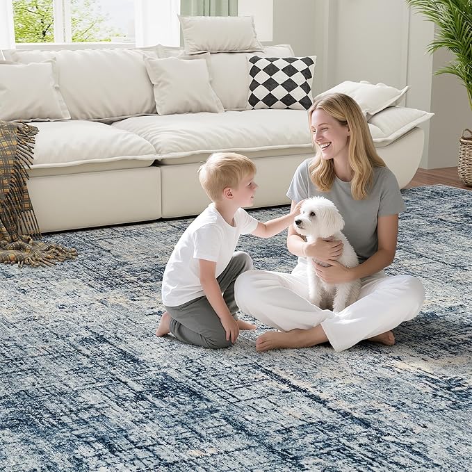 9x12 Area Rugs for Living Room Washable Rug: Anti-Skid Abstract Modern Living Room Rug Soft Thin Carpets Indoor Floor Non-Shedding Carpet for Bedroom Dining Farmhouse Nursery Home Office Blue Gold