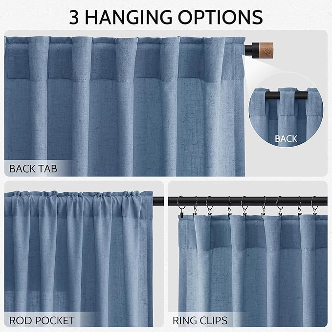Nanspring Stone Blue Linen Curtains 96 Inches Long for Bedroom Back Tab Modern Simplicity Farmhouse Coastal Decor Light Filtering Curtain for Living Room Dinning Room 52x96 8 FT,2 Panels