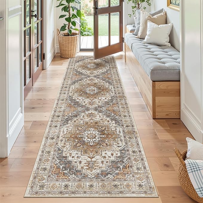 Madane Kitchen Runner Rug - 2x7 Runner Rugs with Rubber Backing Non Slip Vintage Washable Rug Runner Ultra-Thin Throw Carpet Runners for Hallways Bedroom Laundry Room (2'x7', Turmeric/Grey)
