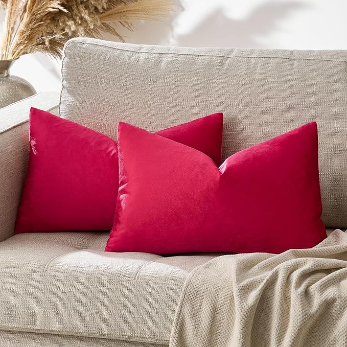GIGIZAZA Red Velvet 12x20 Decorative Throw Pillow Covers for Sofa Bed 2 Pack Soft Cushion Cover