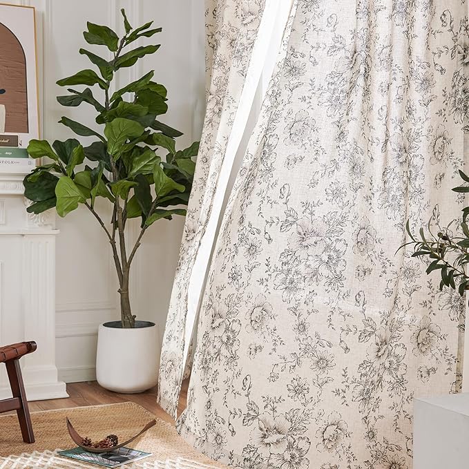 jinchan Linen Blend Curtain Floral Curtains for Living Room 120 Inch Length Black Printed Curtain Rod Pocket Back Tab Farmhouse Peony Flower Patterned Drapes Bedroom Window Curtains Set 2 Panels