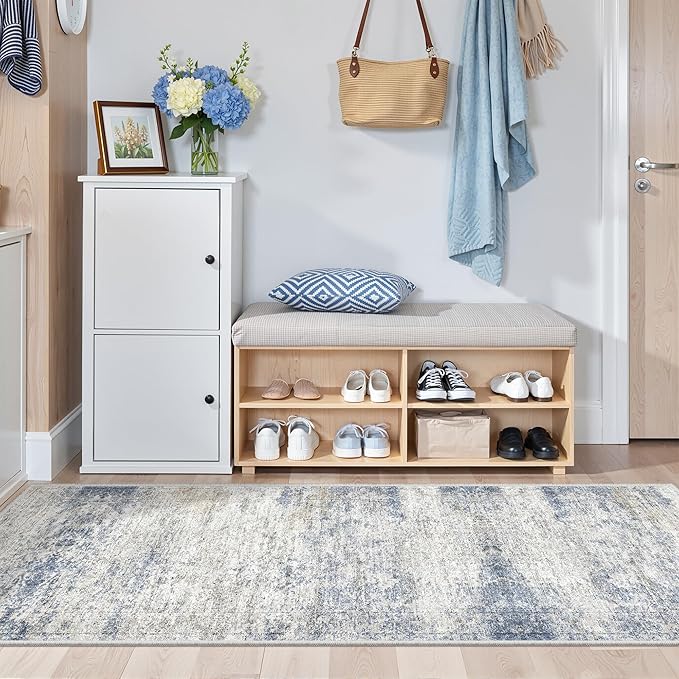 2x5 Rug Runner Washable for Entryway, Soft Bathroom Rugs with Non-Slip Backing, Abstract Low Pile Hallway Runner, Vintage Small Kitchen Carpet for Laundry Room(2'x5', Blue/Brown/Ivory)