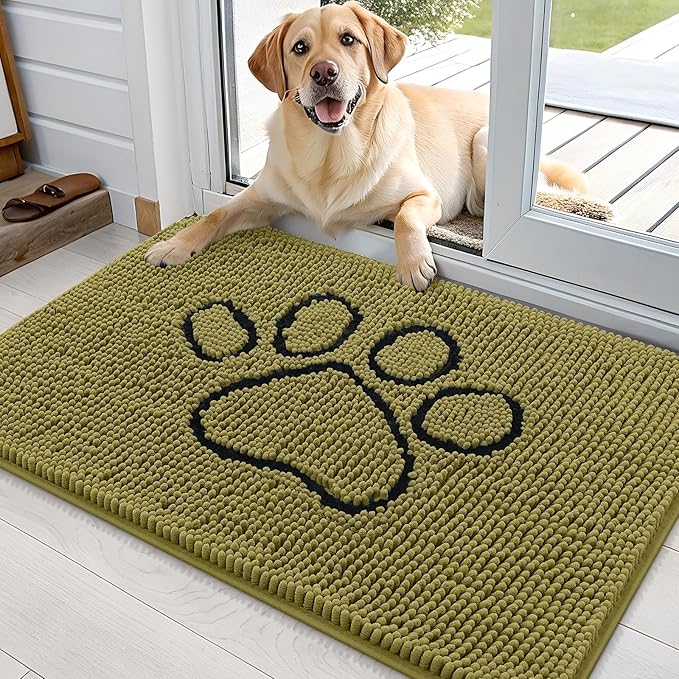 OLANLY Dog Door Mat for Muddy Paws 36x24, Paw Print Design, Absorbs Moisture and Dirt, Non-Slip Washable Doormat, Quick Dry Chenille Mud Mat for Dogs, Entry Indoor Entryway Carpet, Willow Green