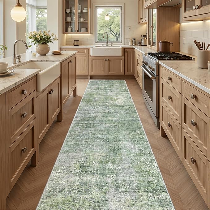 Runner Rug 2x8 Washable Non-Slip Hallway Runner Rugs for Kitchen Bathroom Laundry Room Green/Ivory Vintage Floor Carpet Runners for Hallways Entryway