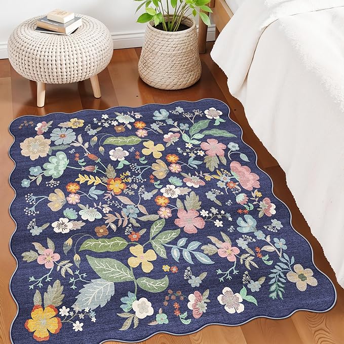 Floral Square Area Rug for Family: Washable 5x5 Scalloped Carpet for Living Room Bedroom Soft Water Resistant Floor Mat with Non Slip Backing for Kitchen Nursery Dorms Farmhouse Home Decor(5x5,Purple)