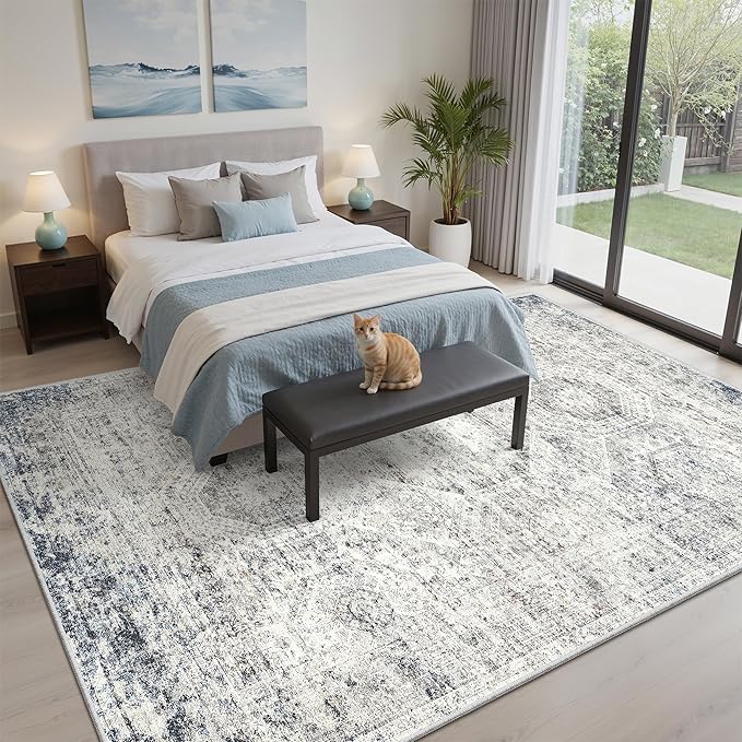 5x7 Area Rugs Blue Ivory Low Pile Indoor Washable Trendy Faded Style Rugs for Bedroom Living Room Dining Room Foldable Non-Slip Thin Print Mat