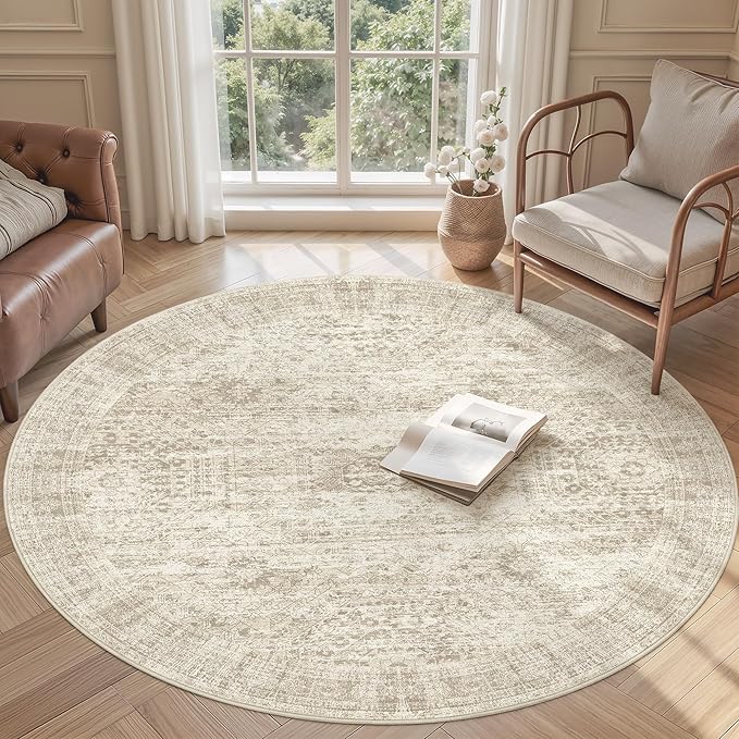 5x5 Beige Round Rug 5ft Living Room Circle Rug Vintage Round Area Rug Non Slip Indoor Carpet for Entryway Dining Room Bedroom