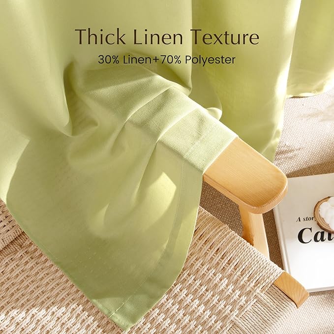 NICETOWN Fresh Green Linen Curtains for Kitchen, Thick Flax Small Window Treatments Semi Sheer Privacy Assured with Light Through for Cafe/Bathroom, W55 x L84, 2 Panels