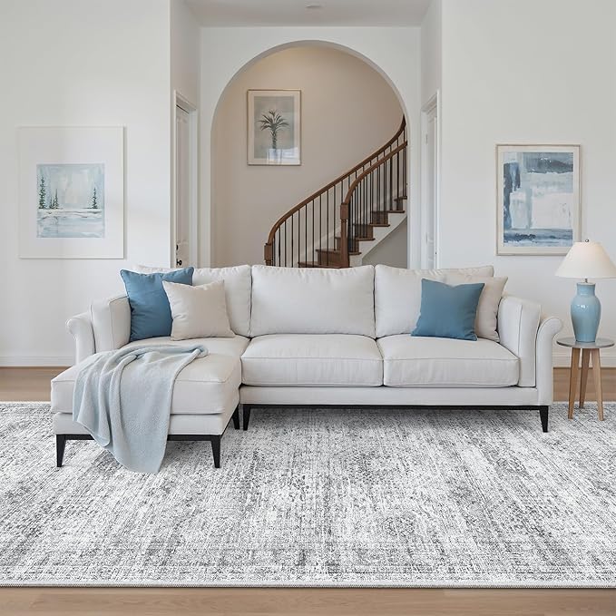 4x10 Wide Hallway Runner Rug: Washable Soft Rug Runners for Living Room Bedroom Ktichen, Stain Resistant Low Pile Area Rugs Non Slip Floor Carpet (Grey, 4x10)
