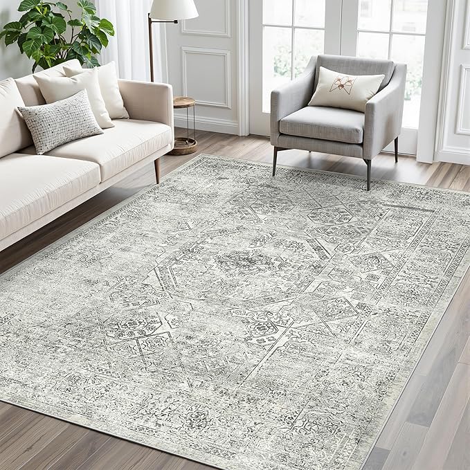 Soalmost 6x9 Area Rug for Living Room Floral Washable Non-Slip Gray Rugs for Bedroom Dinning Room Ultra-Thin Indoor Grey Rug