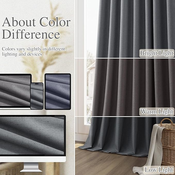 Guken 100% Blackout Curtains 102 Inch Length 2 Panels Set for Living Room Bedroom Back Tab Thermal Insulated Black Out Linen Drapes Room Darkening Blazer Grey,52x102