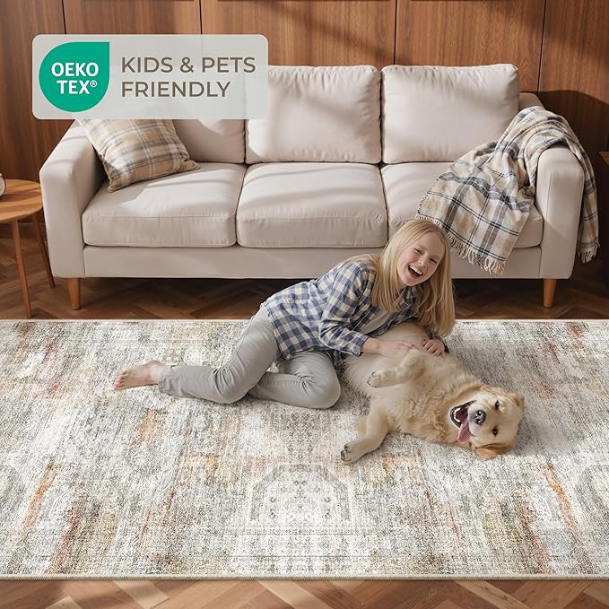 2x5 Rug Runner Washable for Entryway, Soft Bathroom Rugs with Non-Slip Backing, Abstract Low Pile Hallway Runner, Vintage Small Kitchen Carpet for Stair, Laundry Room(2'x5', Grey/Rust)
