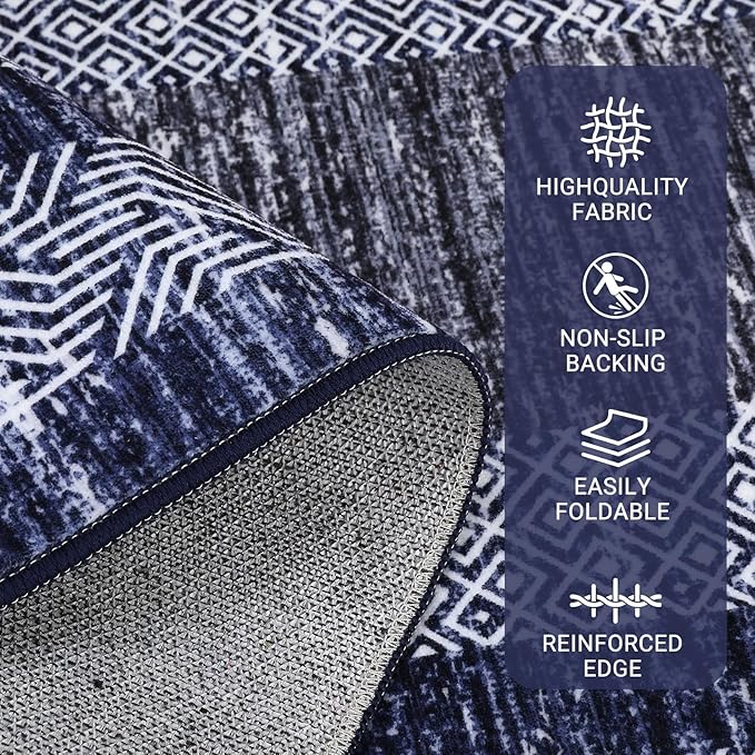 Washable 2.5x10 Kitchen Runner Navy Blue Rug, Easy Clean Geometri Rugs for Hallway Entryway, Indoor Outdoor Non Slip Rug Farmhouse Morden Carpet Door Mat Area Rug for Laundry Room Grey