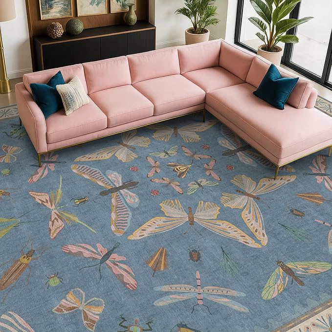 Hazo Haus Insect Light Blue Rug for Living Room - 9x12 Cute Rugs for Bedroom, Moth Floral Boho Design, Low Pile Stain Resistant Washable, Perfect for High Traffic Area