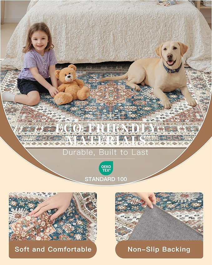 Madane Washable Runner Rug - 2x6 Rug Runners for Hallways 6 Feet Non Slip Vintage Kitchen Runner Rug Ultra-Thin Bathroom Runner Rugs Carpet Laundry Room Bedroom (2x6ft, Navy Blue)