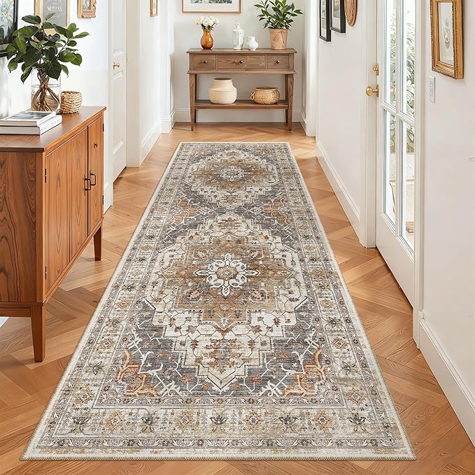 Madane Hallway Runner 3x8, Kitchen Rugs Washable Entryway Rug Vintage Kitchen Runners Non Slip Indoor Area Rug Farmhouse Carpet Runner for Bathroom Living Room Bedroom (3 X 8, Turmeric/Grey)
