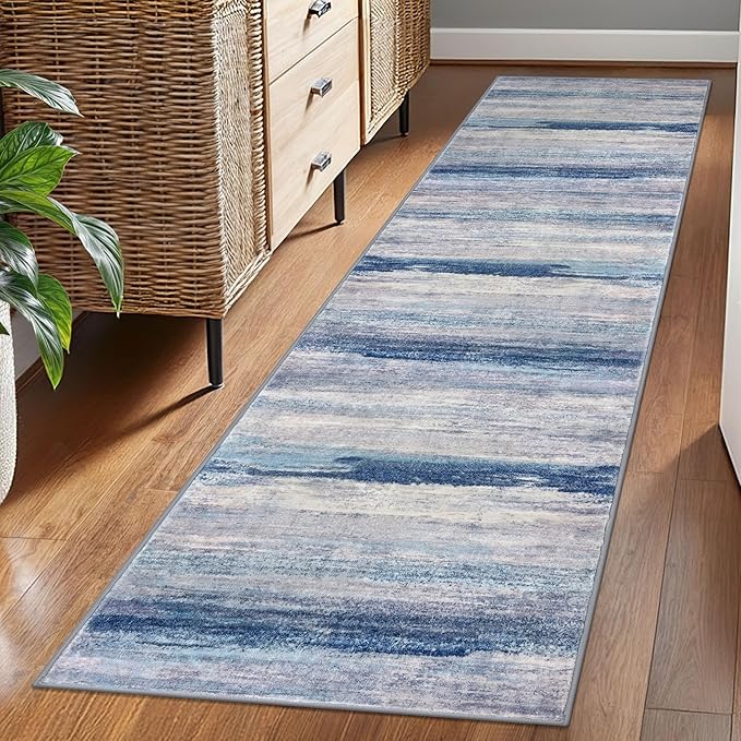 KOZYFLY Modern Abstract Washable Rug Runner 2x7 Hallway Runner Rug Non-Slip Soft Kitchen Runner Rugs, Print Blue/Grey/Beige Striped Carpet Runner for Entryway Bathroom Laundry Room Foyer