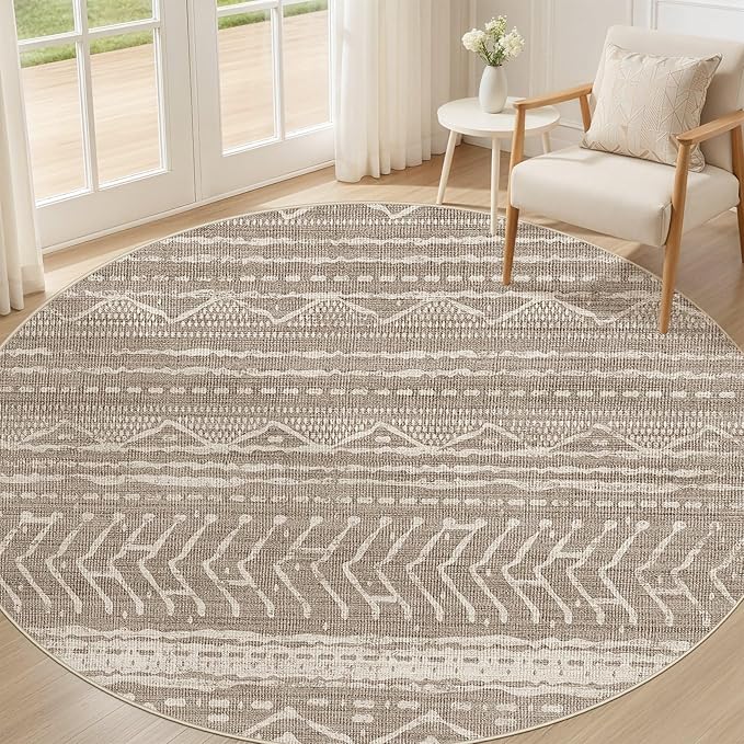 Nakagishi Area Rug Living Room Rugs: 4X4 Machine Washable Boho Large Neutral Farmhouse Stain Resistant Moroccan Indoor Floor Carpet for Bedroom Nursery Dorm Dining Room Home-Dark Brown