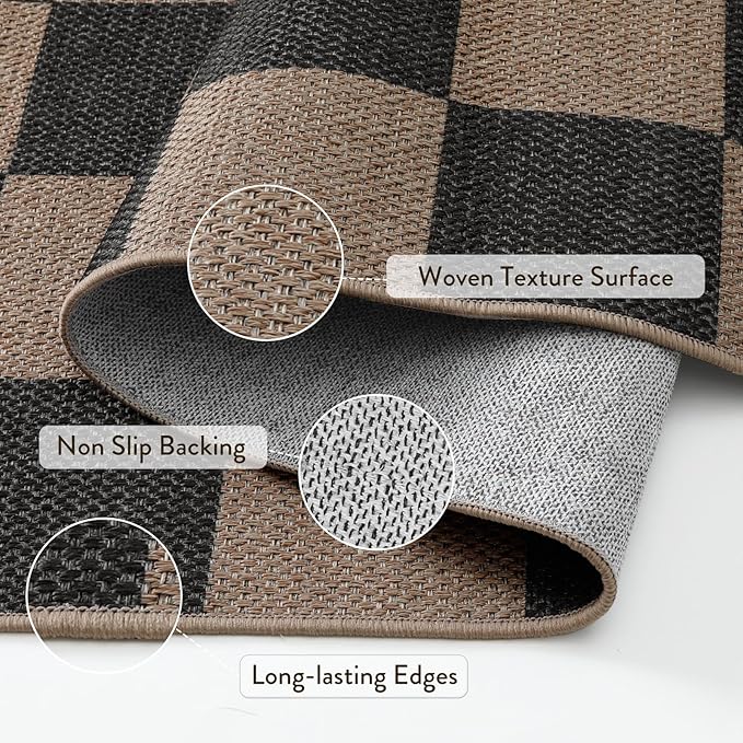 Lahome Colette Checkered Easy Jute 3x5 Rug, Washable Rugs for Living Room Entryway Farmhouse Non Slip Black Outdoor Carpet, Checkerboard Indoor Door Mat for Entry Patio Deck
