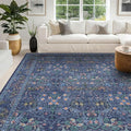 Hazo Haus Boho 8x12 Washable Dark Blue Rug for Living Room - Large Area Rug for Dining Room Under Table, Bedroom Under Bed, Vintage Floral Design, Low Pile & Soft Indoor Décor