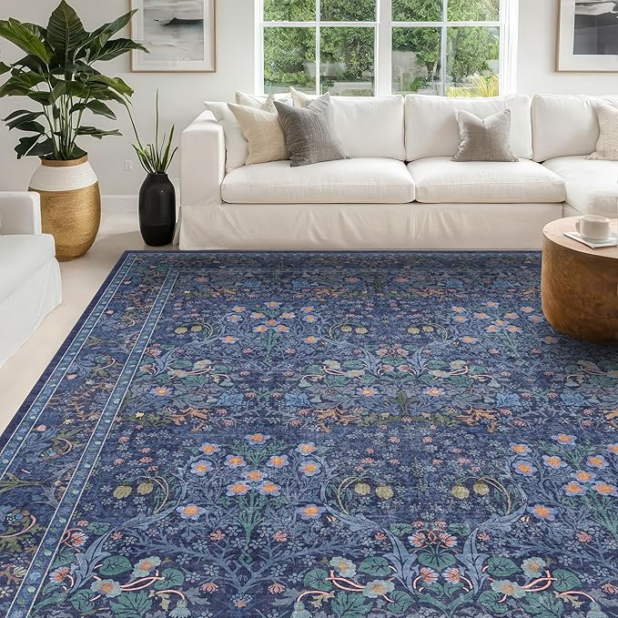 Hazo Haus Boho 8x12 Washable Dark Blue Rug for Living Room - Large Area Rug for Dining Room Under Table, Bedroom Under Bed, Vintage Floral Design, Low Pile & Soft Indoor Décor