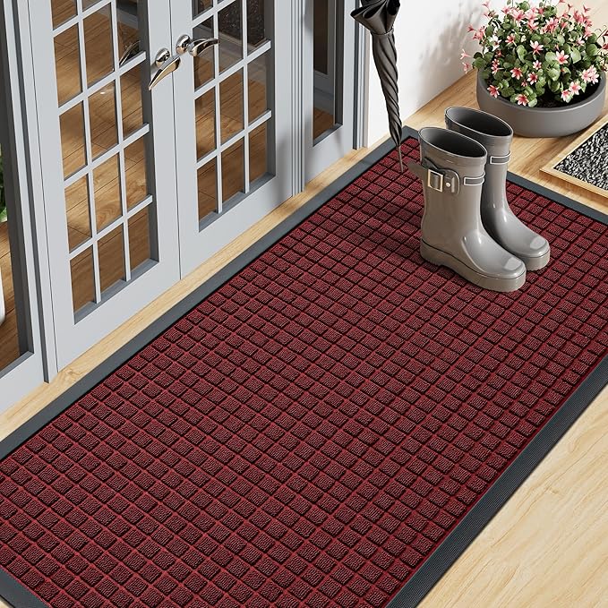 Smiry Front Door Mat Outside Entrance, Heavy Duty Natural Rubber Doormat, Non Slip, Trap Dirt and Moisture, Easy Clean, Low Profile Welcome Floor Mats for Indoor Outdoor Entry, 47x23 Inch, Red