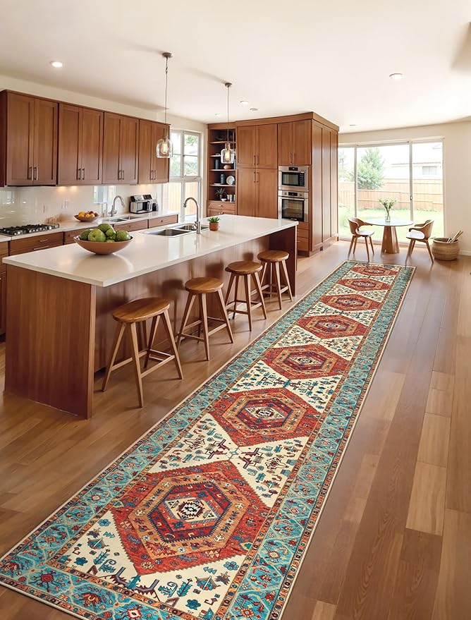 SERISSA Runner Rug for Hallways, 2'6"x18' Washable Non Slip Kitchen Runner Rug, Extra Long Boho Rug Ultra Soft Vintage Orange Print Floor Carpet for Hallway Living Room Dining Room Bedroom