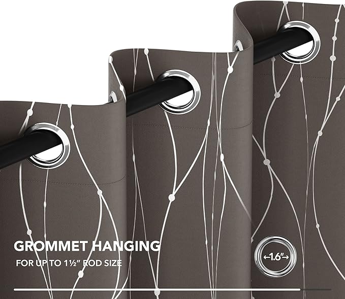 Deconovo Blackout Curtains, Thermal Insulated Soundproof Grommet Drapes, Wave Line Dots Foil Print, 52 x 84 Inch Long, 2 Panels, Machine‑Washable Window Curtains for Bedroom Living Room Nursery, Taupe