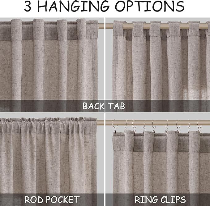 Brownish Grey Linen Curtains 63 Inches Long for Bedroom Back Tab Light Filtering Privacy Sheer Curtains Modern Farmhouse Coastal Decor Cotton Textured Gauze Curtain for Bathroom 2 Panel Set