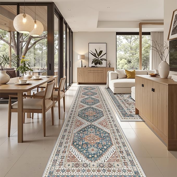 Washable Runner Rug 2.5x14, Non-Slip Long Kitchen Mats for Floor, Vintage Rug for Entryway, Soft Hallway Runner for Dining Room, Bedroom, Living Room(Blue/Red,2.5'x14')