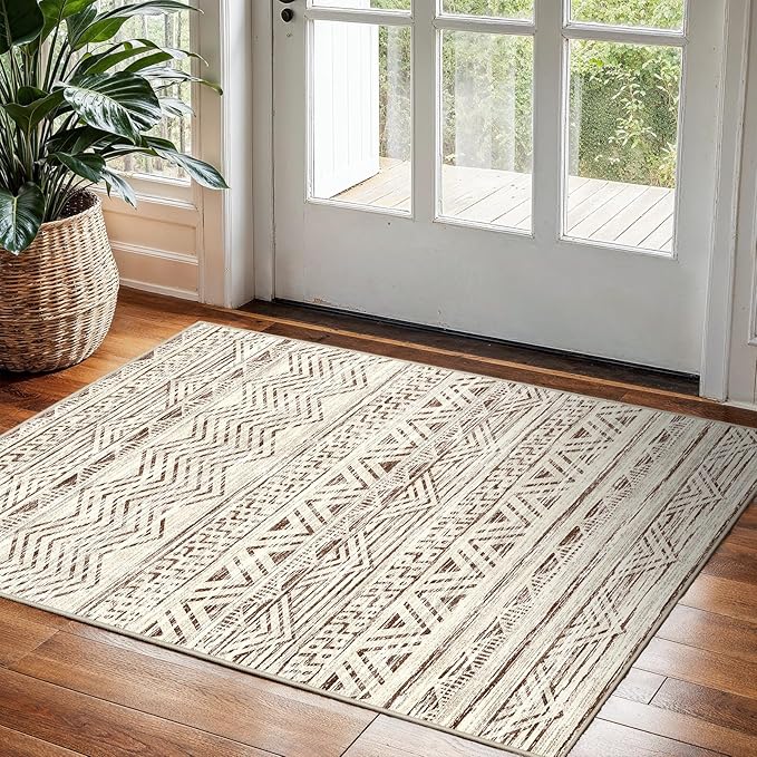 2x3 Washable Entryway Area Rug: Moroccan Small Runner Rug for Hallway Soft Modern Non Slip Door Mat with Rubber Backing Low Pile Thin Floor Carpet for Kitchen Bathroom Bedroom Indoor(Beige,2x3)