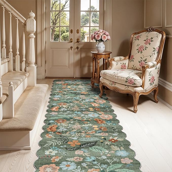 Washable 2x8 Hallway Runner Rug: Water-Resistant Kitchen Rug Soft Bedroom Carpet Non-Slip Indoor Hardwood Floor Mat for Entryway Bathroom Dining Room Boho Decorative Home Decor(2x8, Floral/Green)