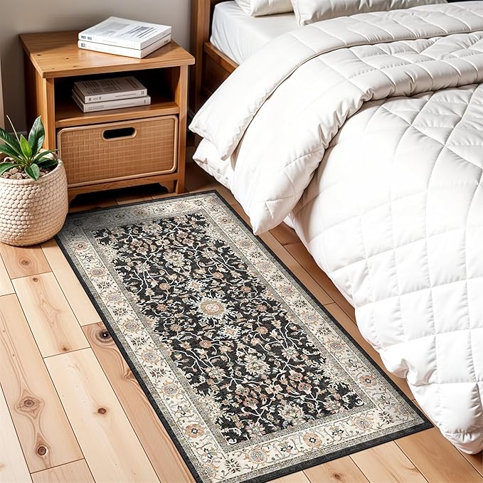 TOPRUUG 2x4 Entryway Runner Rug: Non-Slip Stain Resistant Rugs for Hallway Entry Low-Pile Soft Durable Small Door Mat Vintage Carpet for Entrance Bathroom Kitchen (Black, 2x4)