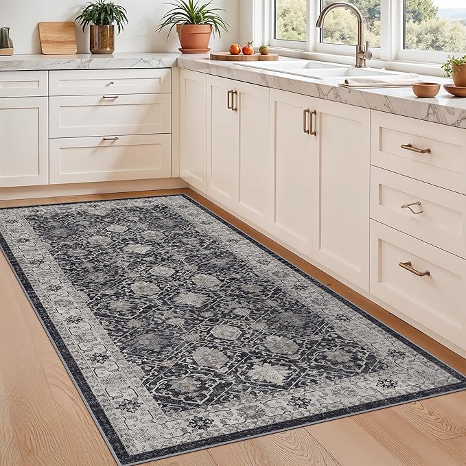 Washable 3x5 Entryway Area Rugs: Ultra Soft Low Pile Carpet for Kitchen Nursery Indoor Light-Weight Doormat Anti-Slip Cozy Rug for Living Room Bedroom Small Vintage Floor Mat Home Decor(3x5,Black)