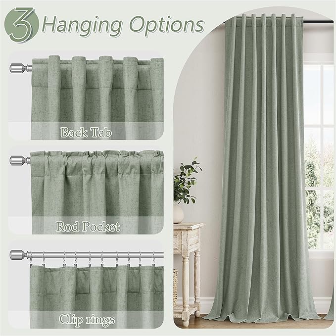 Guken 100% Blackout Curtains 96 Inch Length 2 Panels Set for Living Room Bedroom Back Tab Thermal Insulated Black Out Linen Drapes Room Darkening Window Curtains 96 Inches Long,Desert Sage