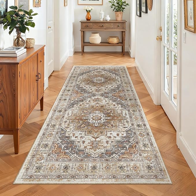 Madane Hallway Runner Rug 3x6 - Washable Kitchen Rugs Entryway Rug Runner Vintage Soft Floor Mat Non Slip Indoor Farmhouse Carpet for Bathroom Living Room Bedroom (3 X 6, Turmeric/Grey)