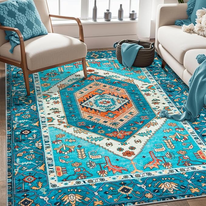 SERISSA 4x6 Boho Bedroom Rug, Washable Non Slip Vintage Blue Area Rugs, Ultra Soft Print Distressed Tribal Entry Rug Low-Pile Throw Carpet for Nursery Dorm Kitchen Living Room Decor