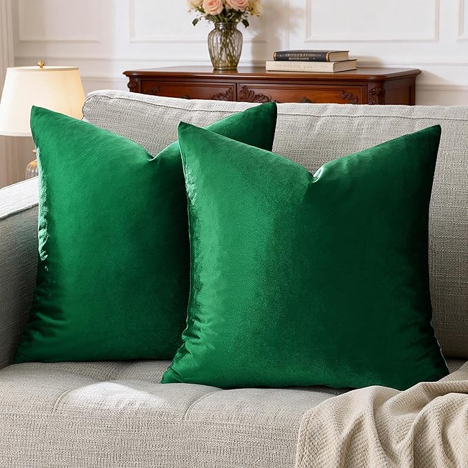 GIGIZAZA Decorative Throw Pillow Covers 16x16,Set of 2 Forest Green Square Couch Pillow Covers,Velvet Sofa Boho Cushion Pillows