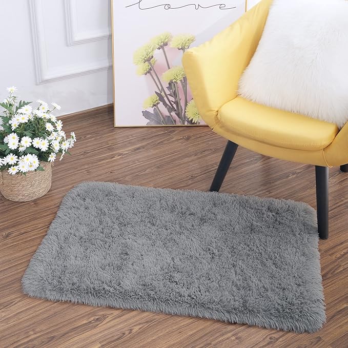 Tepook Super Soft Fluffy Rug for Bedroom, Modern Shaggy Fuzzy Kids Rugs for Living Room, Plush Indoor Nursery Home Decor Dorm Carpet with Non-Slip Bottom, Grey, 2 X 3 Feet