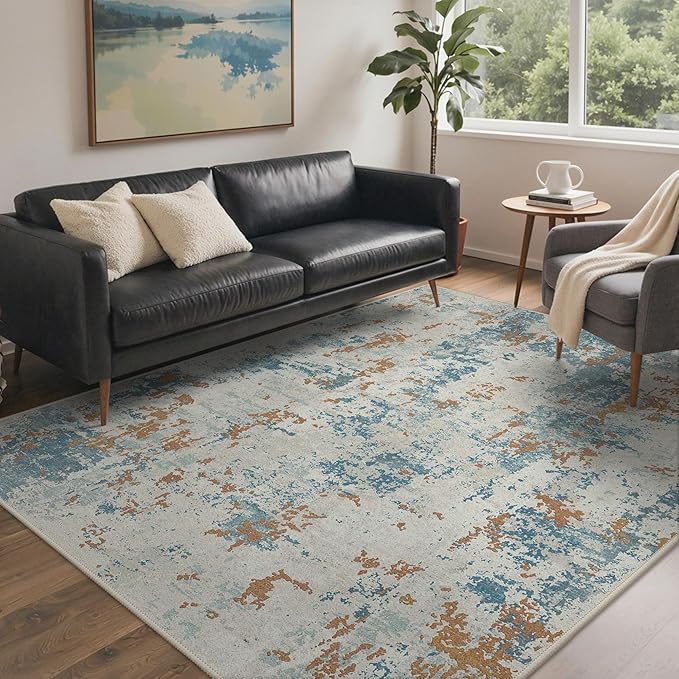 BEIMO Area Rugs 5x7 for Living Room Bedroom, Modern Abstract Machine Washable Rug, Large Soft Low Pile Floor Carpet with Non Slip Backing for Dining Room, Teal and Terracotta