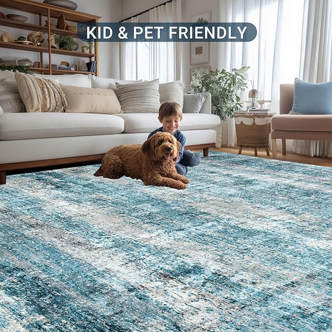 LEPEII 5x7 Area Rugs, Abstract Rugs for Living Room, Indoor Non-Slip Washable Rug for Bedroom, Dining Room, Low Pile Home Decor Neutral Area Rug-Blue
