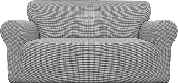 Easy-Going Stretch Loveseat Slipcover 1-Piece Sofa Cover Furniture Protector Couch Soft with Elastic Bottom for Kids Polyester Spandex Jacquard Fabric Small Checks (Loveseat, Light Gray)
