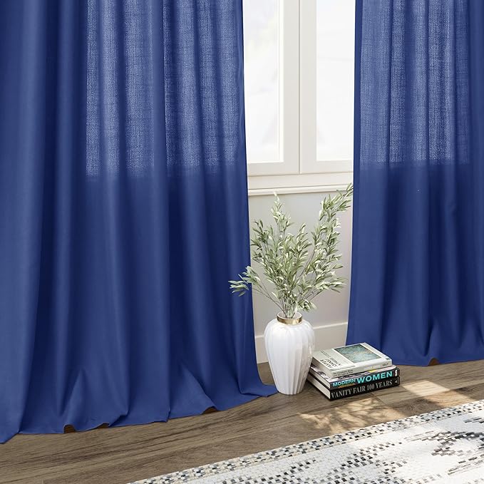 Nanspring Classic Blue Linen Curtains 108 Inches Long for Living Room Bedroom 2 Panels Set Extra Long Back Tab Curtain Light Filtering Sheer Drapes Floor to Ceiling Curtain for Large Windows 52x108
