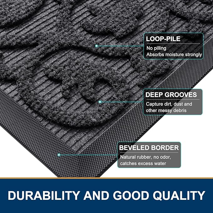 Smiry Welcome Door Mat Outside Entrance, Heavy Duty Trap Dirt and Moisture Easy Clean Low Profile Patio Porch Indoor Outdoor Front Doormat for Entry, 47x32 Inch, Grey