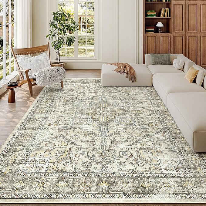 zesthome 6x9 Area Rug, Super Soft Washable Rugs for Living Room, Non-Slip Stain Resistant Vintage Rugs, Ultra-Thin Large Area Rugs (Beige/Brown,6'x9')