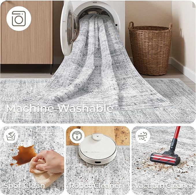Kitchen Runner Rugs Non Skid Washable - 2.5 x 10 Runner Rug with Anti Slip Backing, Ultra-Thin Soft Rug Runner for Hallway, Bedroom, Living Room (2.5'x10', Grey/Ivory)