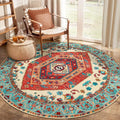 SERISSA Boho Round Area Rug, 4ft Washable Non-Slip Circle Rug, Ultra Soft Oriental Vintage Orange Low-Pile Small Circular Carpet for Bedroom Entryway Kids Room Office College Dorm Living Room